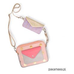 Torebka double Bag - złote grochy na pudrze. Żółte torebki klasyczne damskie Pakamera, w grochy, ze skóry, na ramię, bez dodatków. Za 480,00 zł.