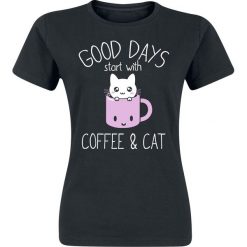 Bluzki damskie: Good Days Start With Coffee & Cat Koszulka damska czarny