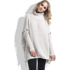 Beżowy Sweter Ponczo z Frędzlami. Brązowe poncza Molly.pl, s, z jeansu. Za 168,90 zł.