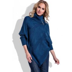 Granatowy Sweter-Ponczo z Golfem na Suwak. Niebieskie poncza damskie Molly.pl, uniwersalny, bez wzorów, ze splotem, z długim rękawem. Za 100,00 zł.