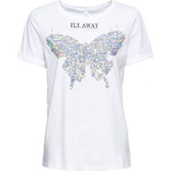 T-shirt z nadrukiem bonprix biały. Białe t-shirty damskie bonprix, z nadrukiem, z okrągłym kołnierzem. Za 27,99 zł.