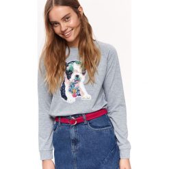 Bluza nierozpinana damska z aplikacją. Szare bluzy damskie na lato, z aplikacjami, z bawełny. W wyprzedaży za 29,99 zł.