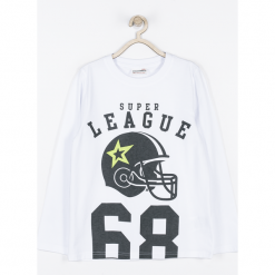 Koszulka. Białe t-shirty chłopięce z długim rękawem marki BASIC BOY, z nadrukiem, z bawełny. Za 24,90 zł.