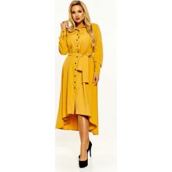 Sukienka plus size zapinana na guziki - żółty, 44. Żółte sukienki damskie e-margeritka.pl, plus size, w paski, z elastanu, eleganckie, z długim rękawem, długie, bez kaptura. Za 229,99 zł.