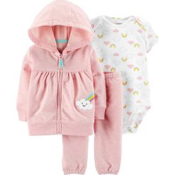 3-częściowy zestaw w kolorze jasnoróżowo-białym. Różowe bluzy niemowlęce Carter's, z aplikacjami, z bawełny, bez rękawów, bez kaptura. W wyprzedaży za 59,95 zł.