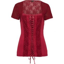 Shirt koronkowy ze sznurowaniem bonprix ciemnoczerwony. Czerwone koszulki damskie bonprix, w koronkowe wzory, z elastanu, eleganckie, bez kołnierzyka, bez rękawów. Za 109,99 zł.
