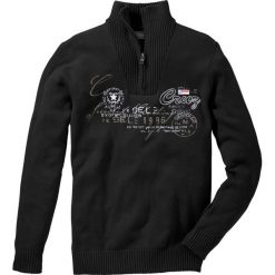Sweter ze stójką bonprix czarny. Czarne swetry męskie bonprix, s, z haftami, z bawełny, ze stójką, bez kaptura. Za 79,99 zł.