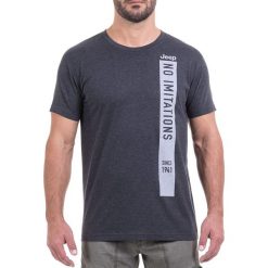 T-shirt w kolorze antracytowym. Szare t-shirty męskie Jeep, s, z nadrukiem, z okrągłym kołnierzem. W wyprzedaży za 54,95 zł.