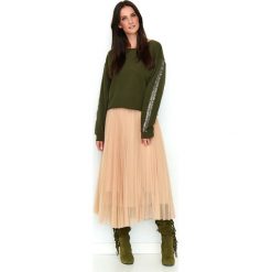 Khaki Sportowo-Casualowa Bluza z Ozdobną Lamówką. Brązowe bluzy sportowe damskie Molly.pl, s, bez wzorów, z jeansu, z długim rękawem, długie, bez kaptura. Za 136,90 zł.