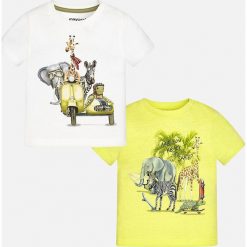 Mayoral - T-shirt dziecięcy 68-98 cm (2-Pack). Białe t-shirty męskie marki Mayoral, z nadrukiem, z bawełny, z okrągłym kołnierzem. Za 79,90 zł.