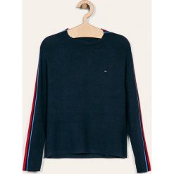 Tommy Hilfiger - Sweter dziecięcy 128-176 cm. Niebieskie swetry dziewczęce z poliesteru, z okrągłym kołnierzem, krótkie. Za 339,90 zł.