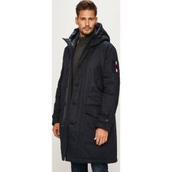 Tommy Hilfiger - Kurtka puchowa. Niebieskie płaszcze męskie TOMMY HILFIGER, s, bez wzorów, z bawełny, długie, z kapturem. Za 2099,00 zł.