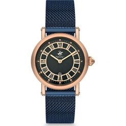 Zegarek kwarcowy w kolorze czarno-granatowo-różowozłotym. Różowe, analogowe zegarki damskie Beverly Hills Polo Club, metalowe. W wyprzedaży za 259,95 zł.