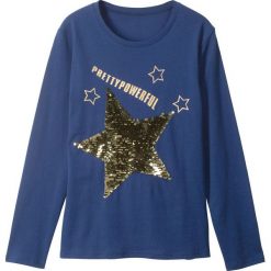 Shirt z cekinami, długi rękaw bonprix kobaltowy. Niebieskie bluzki dziewczęce bonprix, z aplikacjami, z bawełny, z okrągłym kołnierzem, z długim rękawem, długie, bez kaptura. Za 37,99 zł.