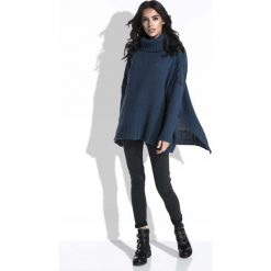 Granatowy Sweter z Szerokim Golfem. Niebieskie swetry damskie Molly.pl, uniwersalny, bez wzorów, ze splotem, z krótkim rękawem. Za 149,90 zł.