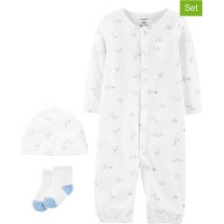3-częściowy zestaw w kolorze białym. Białe kombinezony niemowlęce Carter's, z aplikacjami, z bawełny, bez rękawów, bez kaptura. W wyprzedaży za 49,95 zł.