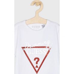 Guess Jeans - Top dziecięcy 118-175 cm. Białe bluzki dziewczęce z nadrukiem, z elastanu, z okrągłym kołnierzem, krótkie. W wyprzedaży za 59,90 zł.