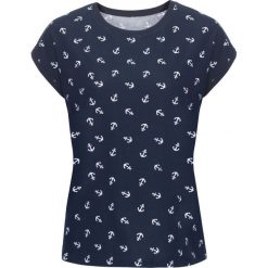 Shirt bonprix granatowo-biały. Niebieskie koszulki damskie marki bonprix, z nadrukiem, z elastanu, z okrągłym kołnierzem, z krótkim rękawem. Za 29,99 zł.
