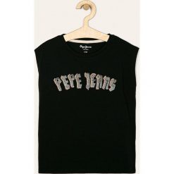 Pepe Jeans - T-shirt dziecięcy Trinity 128-178 cm. Czarne bluzki dziewczęce Pepe Jeans, z aplikacjami, z bawełny, z okrągłym kołnierzem, bez rękawów, bez kaptura. Za 139,90 zł.