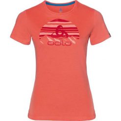 Koszulka "Kumano Logo Light" w kolorze koralowym. Czerwone bluzki damskie Odlo Women, xs, z nadrukiem, z okrągłym kołnierzem. W wyprzedaży za 77,95 zł.