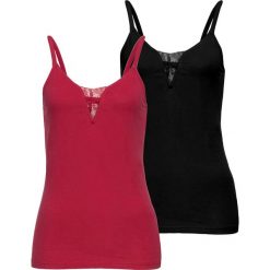 Top z koronkową wstawką (2 szt.) bonprix czarny + ciemnoczerwony. Czarne bluzki damskie bonprix, bez wzorów, z koronki, eleganckie, bez kołnierzyka, bez rękawów. Za 69,98 zł.
