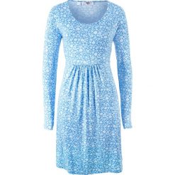 Sukienka shirtowa z długim rękawem bonprix niebieski w kwiaty. Niebieskie sukienki z falbanami marki bonprix, w kwiaty, z długim rękawem. Za 44,99 zł.