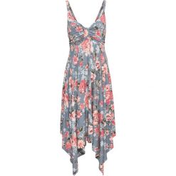 Sukienka midi z asymetrycznym dołem bonprix niebieskozielony w kwiaty. Szare sukienki damskie bonprix, w kwiaty, z materiału, z asymetrycznym kołnierzem, bez rękawów, midi, asymetryczne. Za 89,99 zł.