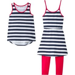 Sukienka, top, legginsy (3 części) bonprix biało-ciemnoniebiesko-czerwony. Białe legginsy dziewczęce bonprix, w paski, bez rękawów. Za 59,99 zł.