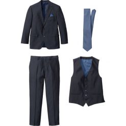 Garnitur 4-częściowy (marynarka, spodnie, kamizelka i krawat) bonprix ciemnoniebiesko-niebieski. Niebieskie krawaty męskie bonprix, m, bez wzorów, eleganckie. Za 449,99 zł.