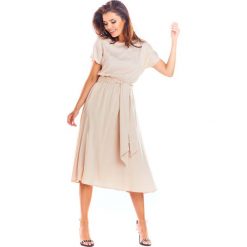 Beżowa Rozkloszowana Midi Sukienka z Krótkim Kimonowym Rękawem. Brązowe sukienki damskie Molly.pl, na lato, s, bez wzorów, eleganckie, bez kołnierzyka, z krótkim rękawem, krótkie, midi, rozkloszowane. Za 142,90 zł.