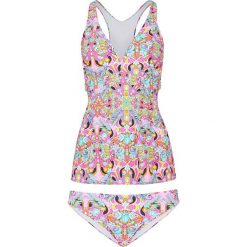Tankini (2 części) bonprix żółto-różowo-zielony z nadrukiem. Żółte stroje kąpielowe damskie bonprix, z nadrukiem. Za 79,99 zł.