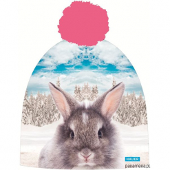 Czapka Magic Fun RABBIT. Szare czapki zimowe damskie marki Pakamera, z nadrukiem, z dzianiny. Za 79,00 zł.