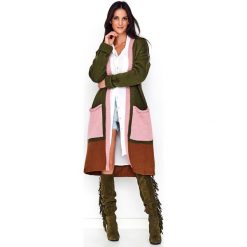 Kardigan maxi z kieszeniami khaki. Brązowe swetry damskie e-margeritka.pl, na wiosnę, s, bez wzorów, z krótkim rękawem, długie, bez kaptura. Za 198,99 zł.