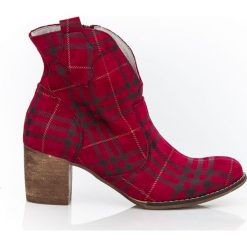 Botki na słupku kowbojki - skóra naturalna - model 503 - kolor czarno-czerwona kratka. Czerwone botki damskie Zapato, na wiosnę, z jeansu, eleganckie, z okrągłym noskiem, bez obcasa, na obcasie, bez zapięcia. Za 399,00 zł.