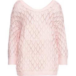 Sweter ażurowy bonprix pastelowy jasnoróżowy. Różowe swetry damskie bonprix, bez wzorów, bez rękawów, bez kaptura. Za 99,99 zł.