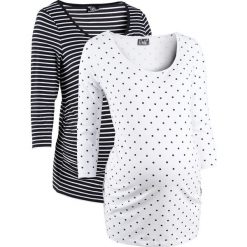 Shirt ciążowy biznesowy (2 szt.), bawełna organiczna bonprix biały w groszki + w paski. Białe koszulki damskie marki bonprix, w paski, z bawełny, biznesowe, bez kołnierzyka, moda ciążowa, bez rękawów. Za 109,98 zł.