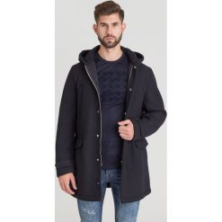 PŁASZCZ EMPORIO ARMANI. Czarne płaszcze męskie Emporio Armani, m, bez wzorów, z wełny, z kapturem. Za 1079,50 zł.