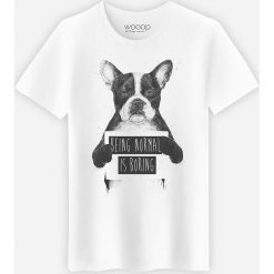 Koszulka "Being normal is boring" w kolorze białym. Białe koszulki damskie Wooop, m, bez wzorów, z bawełny, z okrągłym kołnierzem, bez rękawów. W wyprzedaży za 56,95 zł.