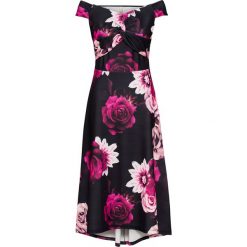 Sukienka cold-shoulder bonprix czarno-jasnoróżowy w kwiaty. Czarne sukienki damskie bonprix, z nadrukiem, bez kołnierzyka, bez rękawów. Za 64,99 zł.