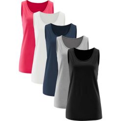 Długi top (5 sztuk) bonprix różowy hibiskus + jasnoszary melanż + biały + czarny + ciemnoniebieski. Szare bluzki damskie marki bonprix, melanż. Za 99,95 zł.