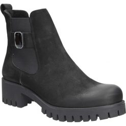 Botki skórzane z kryształkiem Karino 2443/003-F. Czarne botki damskie marki Karino, bez obcasa, bez zapięcia. Za 229,99 zł.