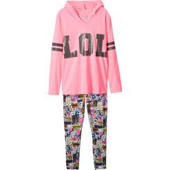 Shirt dziewczęcy z kapturem + legginsy (2 części) bonprix różowy neonowy z nadrukiem. Różowe legginsy dziewczęce bonprix, z nadrukiem, z elastanu, długie. Za 74,99 zł.
