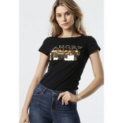 Czarny T-shirt Rubio. Czarne bluzki damskie Born2be, s, z haftami, z jeansu, glamour, z okrągłym kołnierzem, z krótkim rękawem. Za 69,99 zł.