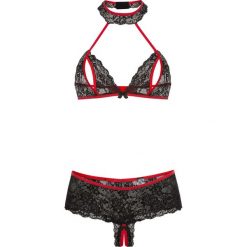 Biustonosze: Biustonosz z trójkątnymi miseczkami „ouvert” + figi panty „ouvert” bonprix czarno-czerwony
