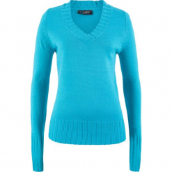 Sweter z dekoltem w serek bonprix turkusowy. Niebieskie swetry klasyczne damskie bonprix, z materiału, z dekoltem w serek. Za 44,99 zł.