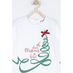Koszulka. Białe bluzki dziewczęce z długim rękawem marki Merry Christmas, z napisami, z bawełny, z kokardą. Za 14,90 zł.