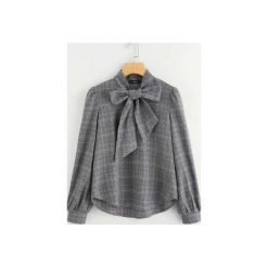 Bluzka damska w kratkę z krawatką. Szare bluzki damskie marki Bien fashion, xs, w kratkę, z poliesteru, z okrągłym kołnierzem, z krótkim rękawem. Za 109,00 zł.
