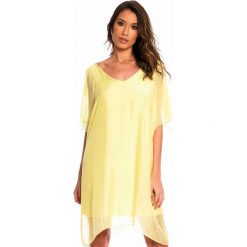 Jedwabna sukienka w kolorze żółtym. Żółte sukienki damskie Silk Premium, s, bez wzorów, z jedwabiu, z okrągłym kołnierzem, bez rękawów, midi, asymetryczne. W wyprzedaży za 150,95 zł.