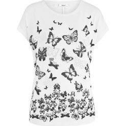 T-shirt z nadrukiem bonprix biały z nadrukiem. Białe koszulki damskie bonprix, z nadrukiem, bez kołnierzyka, bez rękawów. Za 59,99 zł.