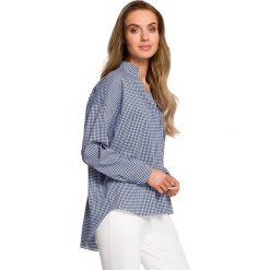 Koszula tunika oversize w kratkę - granatowa. Tuniki damskie Moe, do pracy, s, z nadrukiem, z elastanu, eleganckie, z asymetrycznym kołnierzem, bez rękawów. W wyprzedaży za 129,00 zł.